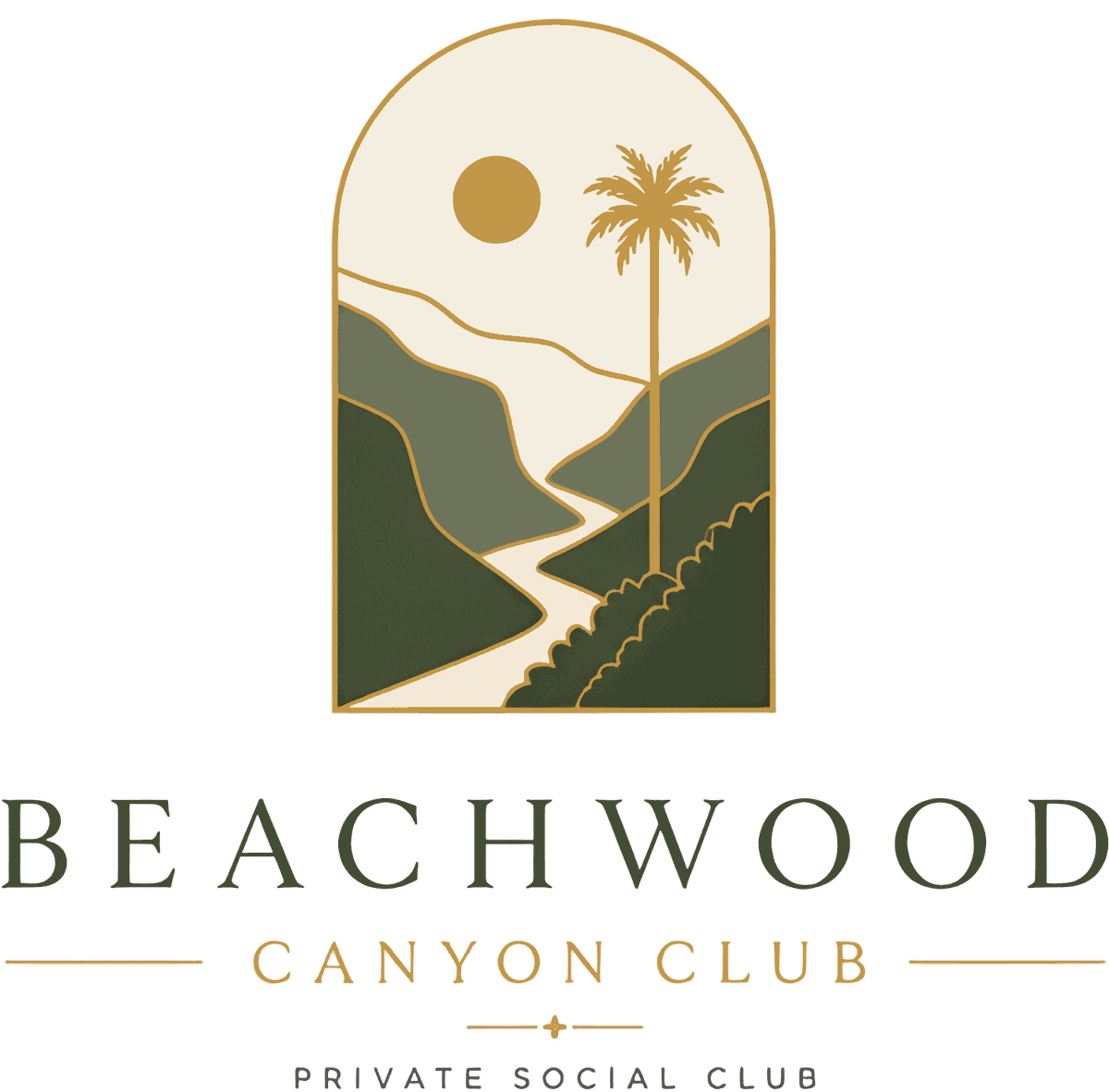 Beachwood Canyon Club logo: an arched window with the sun, a palm tree and a path through the canyon